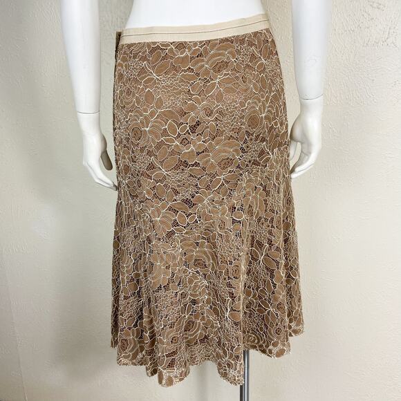 Lida Baday Lace Midi Skirt Size 6 Beige Tan Floral A Line Flared - Picture 10 of 10